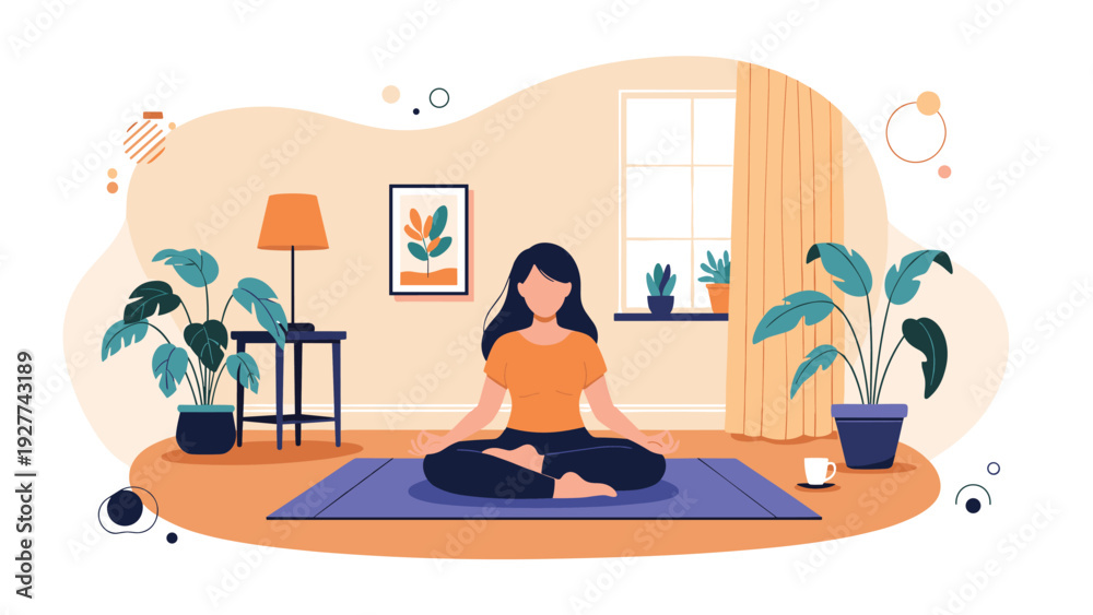 Fototapeta premium Peaceful young woman practicing meditation in a lotus pose on a yoga mat in her cozy living room filled with green plants and soft natural light.