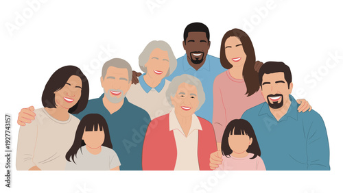 Large happy family of various ages and ethnicities posing together for a group portrait against a clean white background in a studio setting.