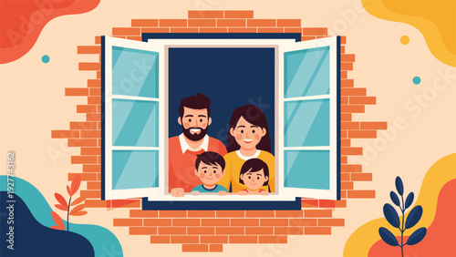 Family with two young children looking out of an open window of their brick house, smiling and enjoying the view from inside their cozy home.