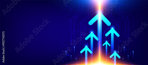 Growth technology concept with glowing upward arrows and digital light on dark blue background, vector illustration. Business success and innovation background for finance, data growth and future