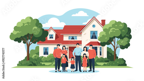 Large happy multi-generational family standing together in front of their beautiful suburban two-story house with green trees and a blue sky.