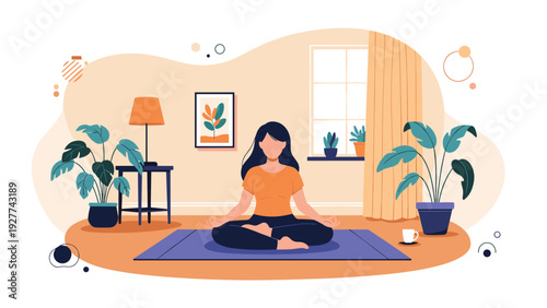 Peaceful young woman practicing meditation in a lotus pose on a yoga mat in her cozy living room filled with green plants and soft natural light.