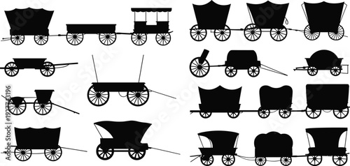 Pioneer Wagon Silhouettes Collection Set, Vintage Western Covered Carriage Black Isolated Transport Icons Flat Vector Illustration