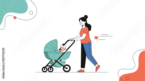Happy mother walking with her baby in a modern teal stroller, enjoying a stroll outdoors against a minimalist white and abstract background.