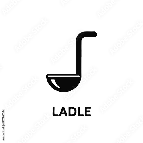 Simple black silhouette of a ladle with the word ladle below