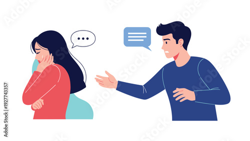 Young couple having a heated argument with speech bubbles, showing a woman crying and a man gesturing as they experience relationship conflict.