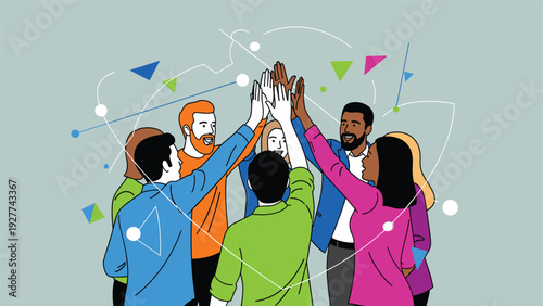 Diverse group of colleagues or friends standing in a circle and giving each other a high-five to celebrate teamwork and collective success.