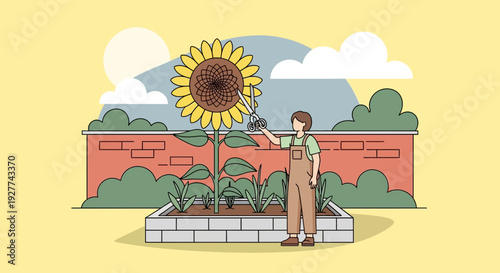 Gardener waters sunflower beside stone planter under sunny sky in a garden park