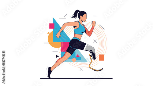 Determined female athlete with a prosthetic leg running with great speed and focus against a modern abstract background with geometric shapes.
