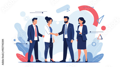 Professional business people in suits shaking hands to seal a deal in a modern office environment with abstract shapes and soft colors.