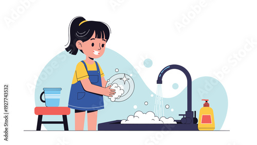 Young girl smiling as she washes a plate with soap and water at a kitchen sink, learning responsibilities and helping with household chores.