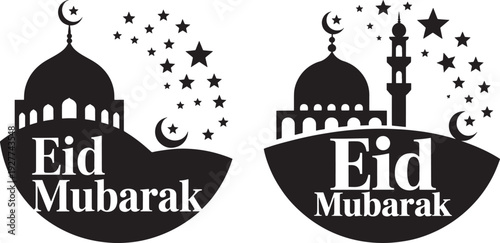 Eid Mubarak Design with Mosque, Stars, Crescent Moon, and Festive Embellishments