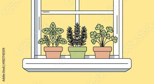 Cartoon illustration of three potted plants on a white windowsill, featuring terracotta pots, green leaves, and a serene yellow backdrop