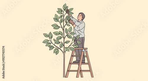 Cartoon Illustration of Man Pruning Tree on Ladder in Garden – Vibrant Scene from a Side View