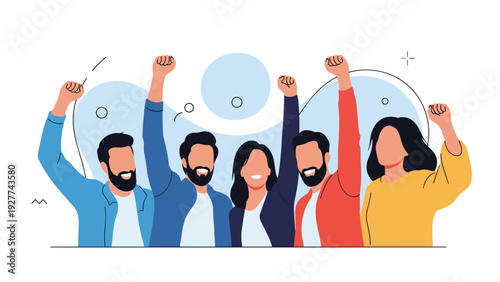 Diverse group of happy young people raising their arms and cheering together to celebrate a success, victory, or a shared joyful moment.