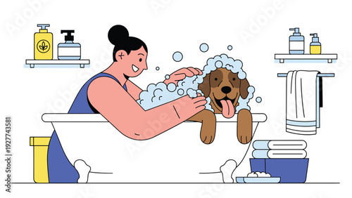 Happy woman giving her pet dog a bath in a white bathtub, using soap bubbles and smiling as she cares for her furry friend in the bathroom.