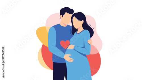 Loving couple expecting a baby, with a man embracing a pregnant woman against a soft background with a red heart symbol for their unborn child.