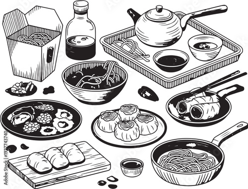 Detailed black and white sketch of an Asian food spread with noodles, dumplings, and tea