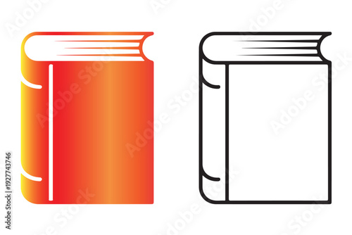 Closed hardcover book illustration in vibrant orange gradient color alongside simple black line art representation