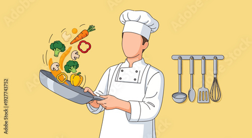 Cartoon chef tossing vegetables in a pan, showcasing utensils on a rack in bright yellow kitchen illustration from front view