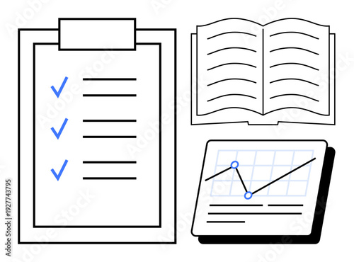 Clipboard with checklist, open book with pages, analytics graph with trends and points. Ideal for planning, education, reporting, strategy, data analysis research tracking. Simple flat metaphor