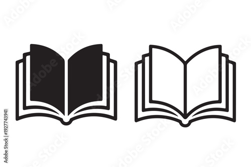 Collection of open book icons showing flat solid silhouette and outline designs for reading library education concepts