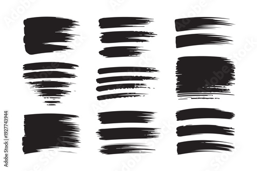 Collection of black horizontal brush strokes paint smears and rough lines for artistic texture or banner design background elements