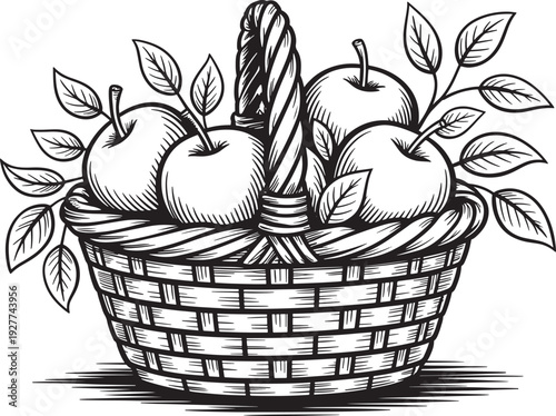 Harvest basket overflowing with ripe apples and decorative leaves, a classic symbol of abundance and nature's bounty.