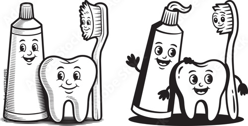 Happy Tooth, Toothbrush, and Toothpaste Characters Smiling and Waving, Representing Dental Hygiene and Oral Care