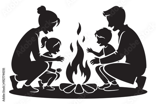 Family silhouette around campfire enjoying warm glow during camping trip or outdoor evening activity