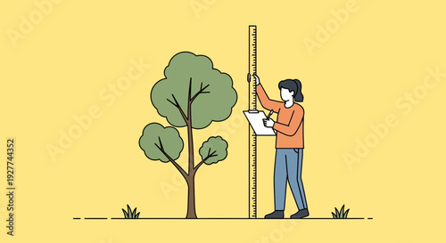 Person measures tree height with clipboard and stick on sunny plain – flat illustration of measurement activity