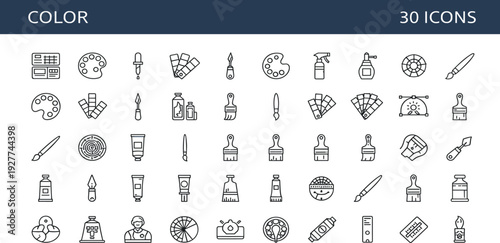 Art and Painting Tools Color Icon Set with Brushes Palette Spray Paint Creative Equipment Symbols for Artists Designers Studio Supplies and Craft Projects
