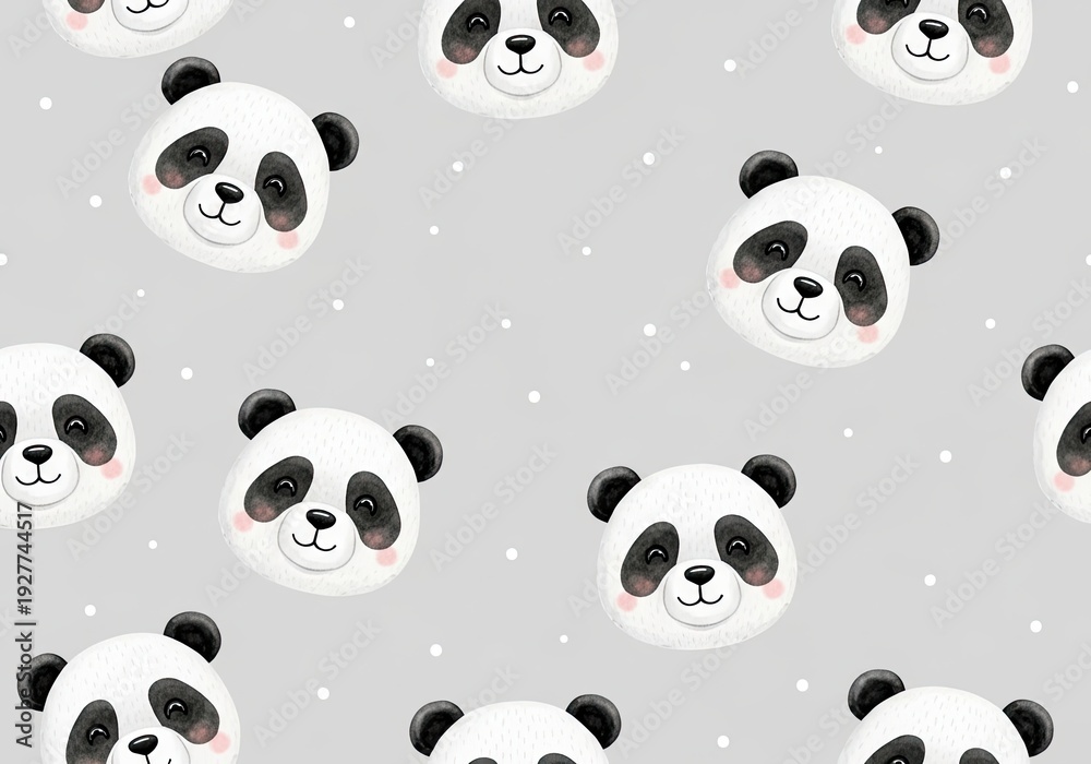 Obraz premium Adorable panda faces seamless pattern on light grey background