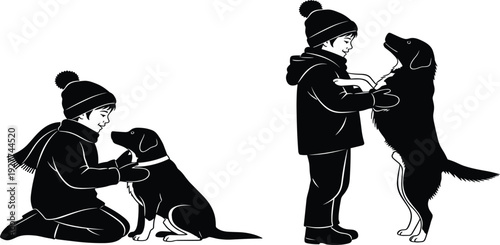Boy and Dog Friendship Silhouette Set with Kid Playing and Hugging Pet Animal for Love Care Companionship and Childhood Bond Illustration