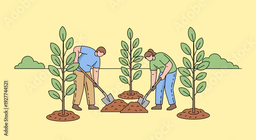 Cartoon Men Planting Trees Together in Sunny Field Illustrating Teamwork and Environmental Care