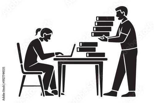 Man handing stack of documents or books to seated woman working on laptop illustrating data exchange or office workflow task assistance