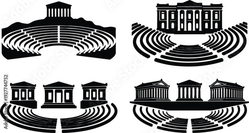 Flat vector silhouette aerial view classical amphitheater and temple icons arranged in symmetrical quad composition minimalist graphic black and white