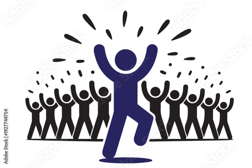 Group of happy people celebrating success victory or achievement with raised arms and celebratory dynamic background energy