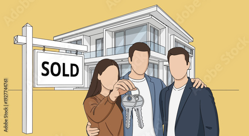 Man, Woman, and Agent Present Keys at Sold House Sign in Cartoon Illustration