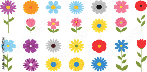 Colorful Flat Vector Flower Icon Set Featuring Daisies, Tulips, and Sunflowers for Spring Nature Designs, Greeting Cards, Patterns, and Summer Garden Graphics
