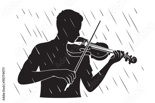 Musician silhouette playing violin outdoors in heavy rain shower demonstrating passion and talent