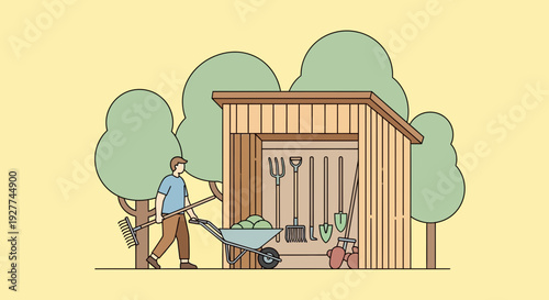 Cartoon Man Pushing Blue Wheelbarrow with Green Plants in Front of Light‑Wood Shed, Red Tool Nearby, Yellow Background, Two Green Trees