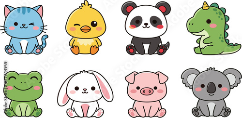 Cute Baby Animal Cartoon Collection Featuring Cat, Chick, Panda, Dinosaur, Frog, Bunny, Pig, and Koala in Flat Vector Style