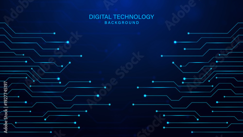 Symmetrical Blue Digital Circuit Technology Background, Abstract Cyber Connection Network with Central Copy Space, Futuristic Electronic Motherboard Header for Web Design, Modern High Tech Data Infras