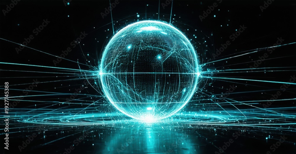 Obraz premium Bright sphere radiates energy, connected by glowing lines. Futuristic digital network concept, dark background enhances visual impact.