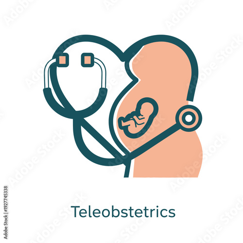 Teleobstetrics icon depicting a pregnant woman with fetus and stethoscope, symbolizing virtual prenatal care, remote obstetric monitoring, and digital healthcare