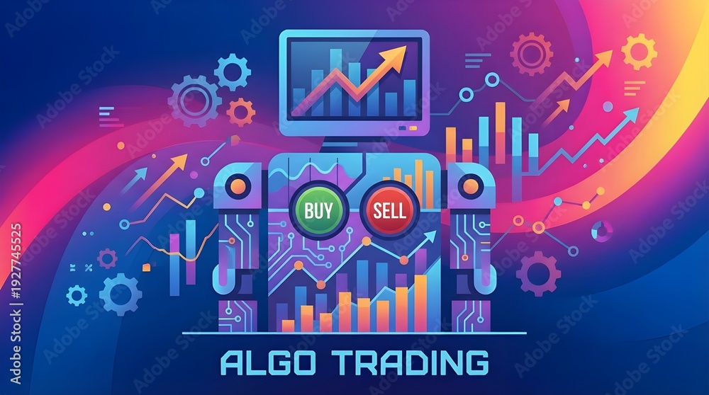 Obraz premium Colorful illustration of an algo trading robot with buy and sell buttons analyzing upward financial market charts. future of gold tradeing market