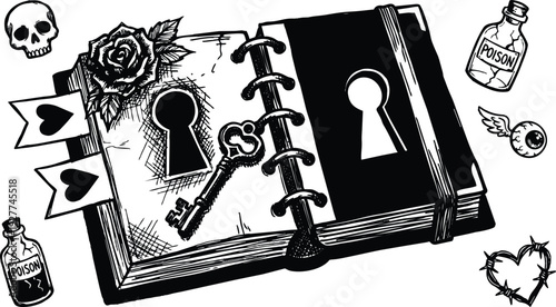Tattoo flash close up open vintage spellbook with keyholes old key rose skull poison bottles winged eye barbed heart inked