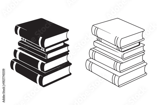 Stack of four books isometric view in solid black silhouette versus clean outline design for archival or knowledge storage
