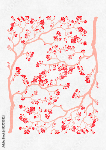 Bright spring floral poster in pink and red tones with a Sakura blossom branch illustration. Ideal for dopamine interior, Easter decor. Size A2